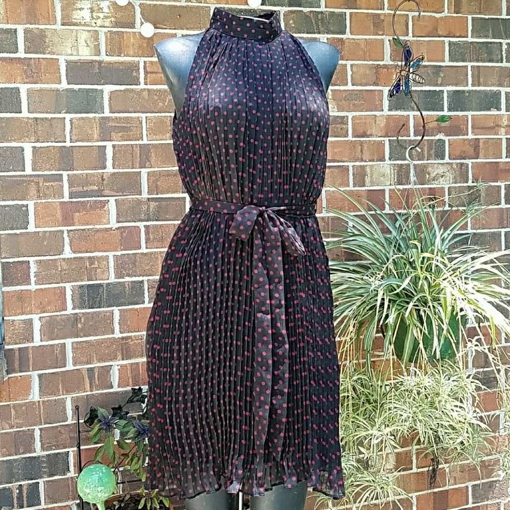Retro Pleated Chiffon Belted Polka Dot Dre…